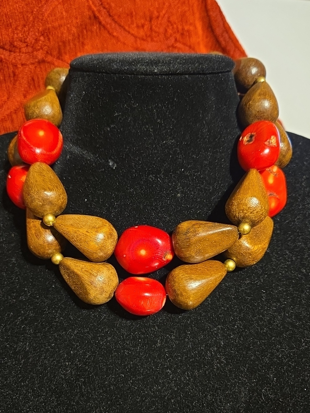 Set of 2 Vintage Chunky Boho Wood & Red Coral Style Statement Necklaces 18"